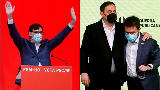 En la imagen, Salvador Illa (PSC) y Oriol Junqueras y Pere Aragonès (ERC) En la imagen, Salvador Illa (PSC) y Oriol Junqueras y Pere Aragonès (ERC)