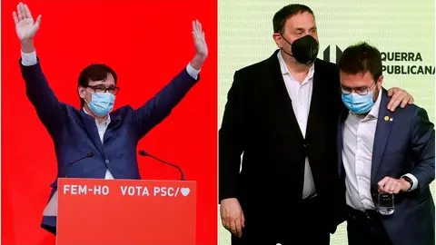En la imagen, Salvador Illa (PSC) y Oriol Junqueras y Pere Aragonès (ERC) En la imagen, Salvador Illa (PSC) y Oriol Junqueras y Pere Aragonès (ERC)