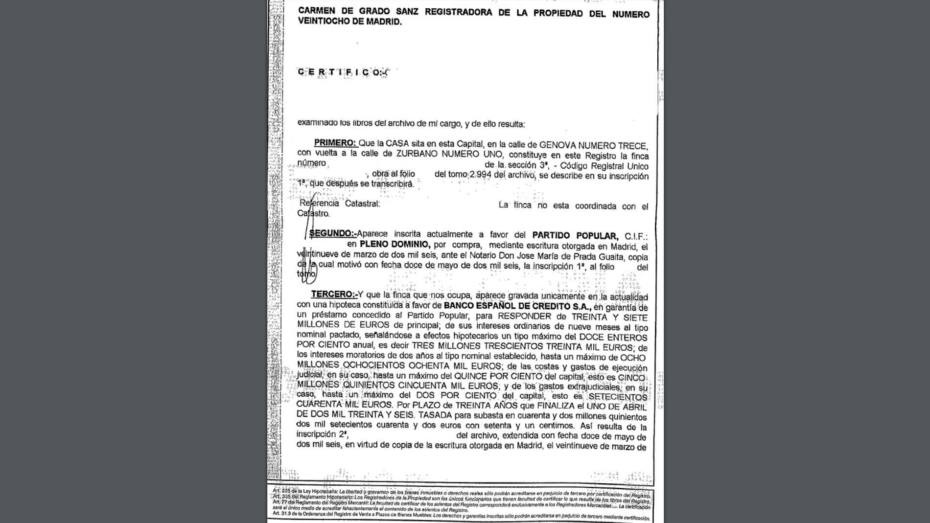 Certificado de una registradora de la propiedad de la sede de Génova