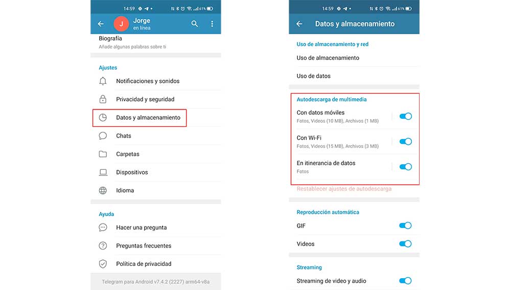 Botones para activar o desactivar la autodescarga