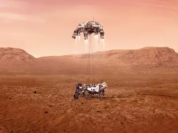 Fotografía cedida por la Administración Nacional de Aeronáutica y el Espacio (NASA) que muestra una ilustración del rover Perseverance mientras aterriza de forma segura sobre la superficie de Marte