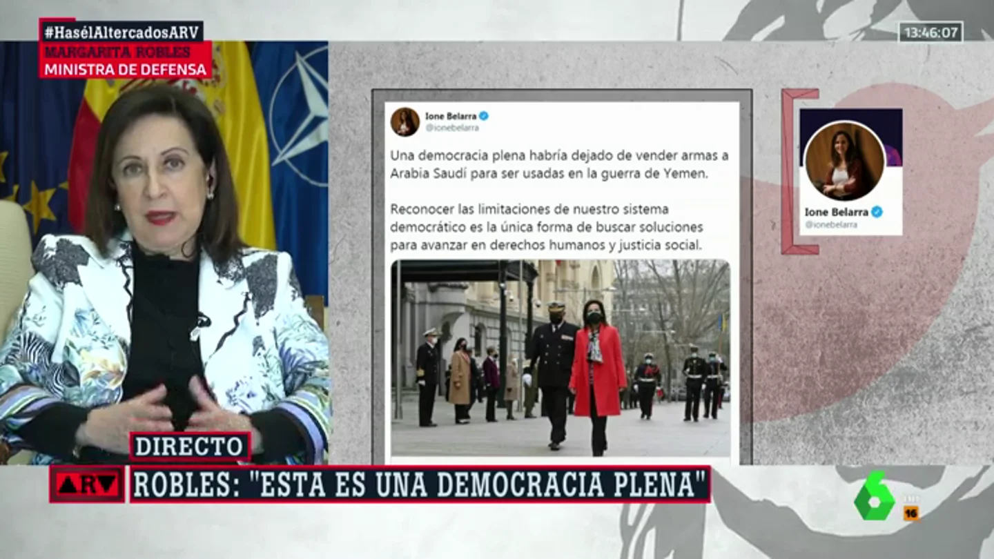 La dura respuesta de Robles a Belarra por la venta de armas a Arabia Saudí: "Quizás no está enterada porque está mucho tiempo en los tuits" La dura respuesta de Robles a Belarra por la venta de armas a Arabia Saudí: "Quizás no está enterada porque está mucho tiempo en los tuits"