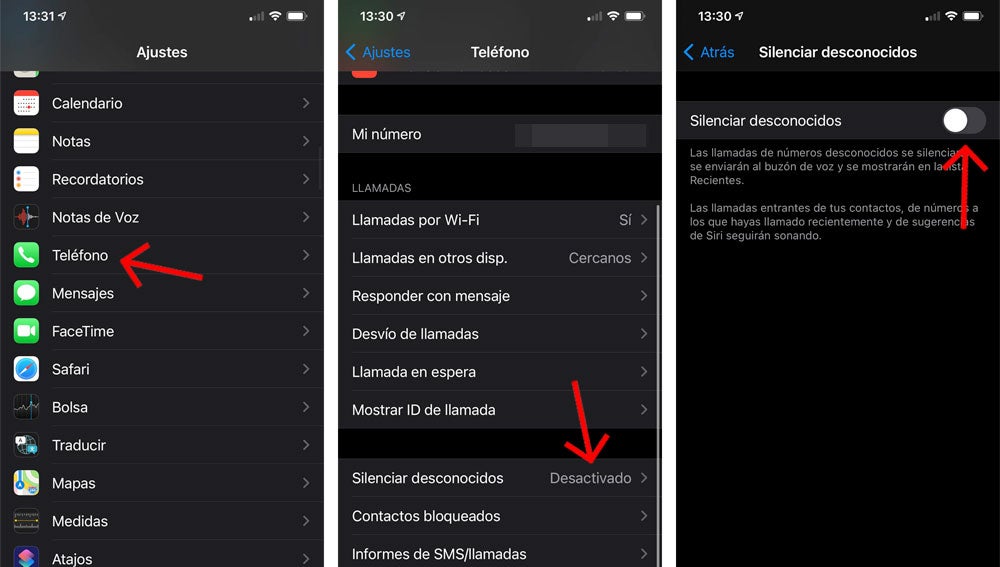 Silenciar llamadas de desconocidos en iPhone.