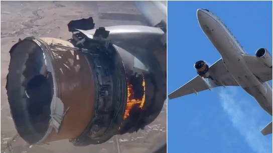Imagen de uno de los motores de un avión en llamas en pleno vuelo Imagen de uno de los motores de un avión en llamas en pleno vuelo