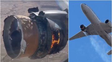Imagen de uno de los motores de un avión en llamas en pleno vuelo