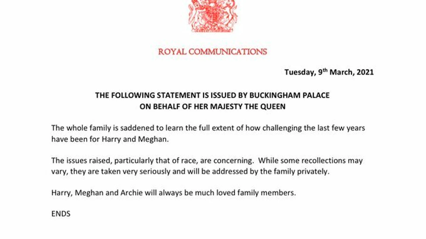 La Casa Real británica se muestra "preocupada" por el racismo que afirmó sufrir Meghan Markle y "lamenta" sus momentos difíciles La Casa Real británica se muestra "preocupada" por el racismo que afirmó sufrir Meghan Markle y "lamenta" sus momentos difíciles