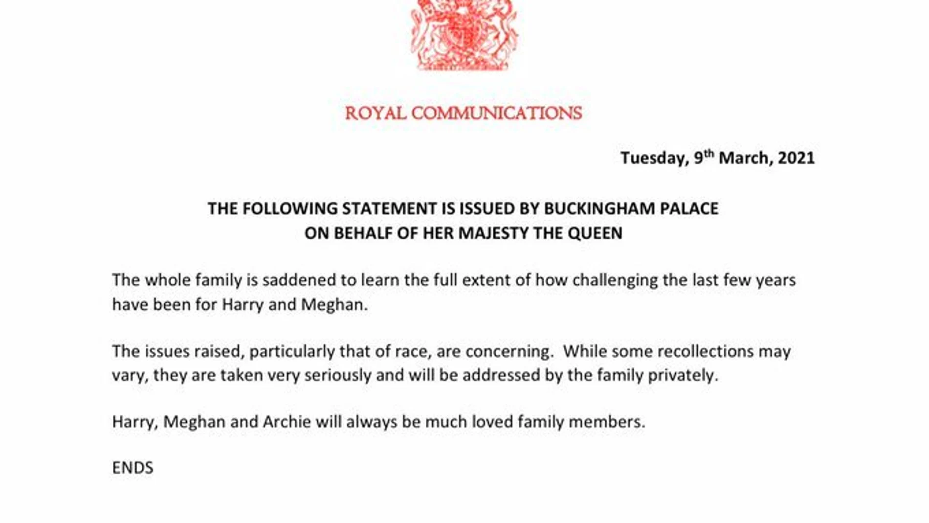 La Casa Real británica se muestra "preocupada" por el racismo que afirmó sufrir Meghan Markle y "lamenta" sus momentos difíciles
