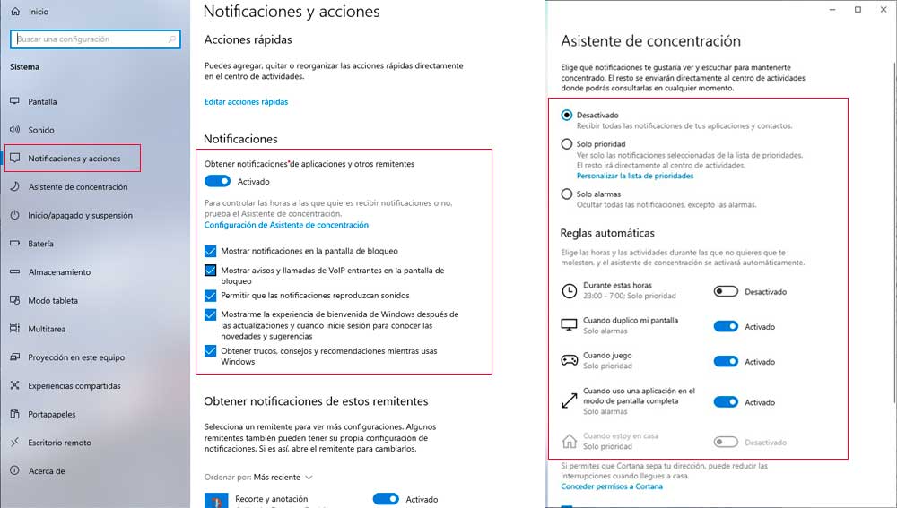 Configuración de las notificaciones en Windows 10
