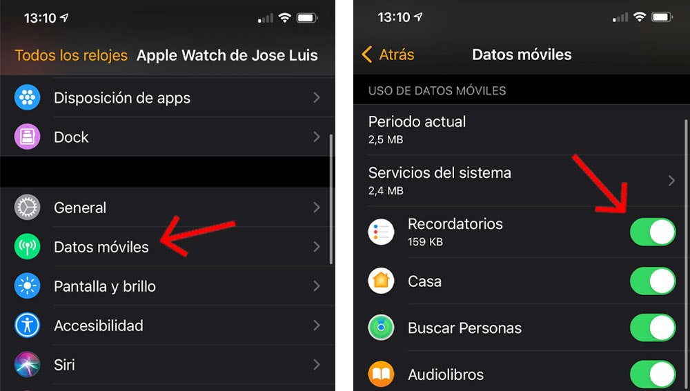 Acceso a los datos móviles de las 'apps' en el Apple Watch.