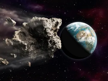 Representación en 3D de un asteroide acercándose a la Tierra Representación en 3D de un asteroide acercándose a la Tierra