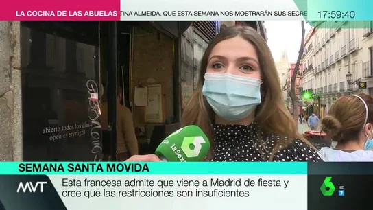 El paradójico discurso de una joven francesa que defiende que Madrid incremente las restricciones: "Me encanta la fiesta, por eso vengo" El paradójico discurso de una joven francesa que defiende que Madrid incremente las restricciones: "Me encanta la fiesta, por eso vengo"