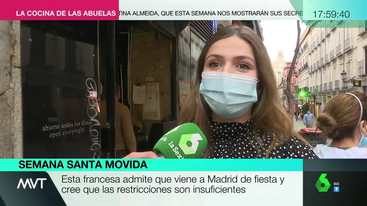 El paradójico discurso de una joven francesa que defiende que Madrid incremente las restricciones: "Me encanta la fiesta, por eso vengo"