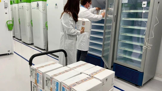 Dos técnicos meten en cámaras frigoríficas las vacunas de AstraZeneca en un centro de Gipuzkoa Reparto vacunas