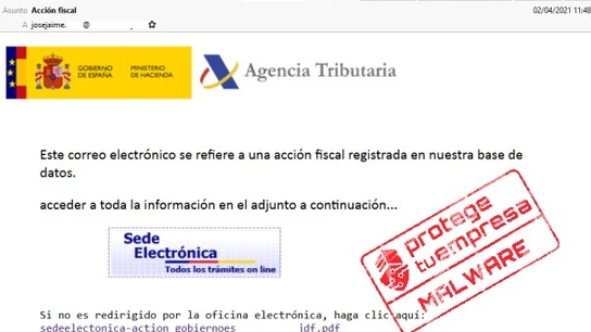 Captura de pantalla del correo electrónico que envía el 'malware' simulando ser la Agencia Tributaria Captura de pantalla del correo electrónico que envía el 'malware' simulando ser la Agencia Tributaria