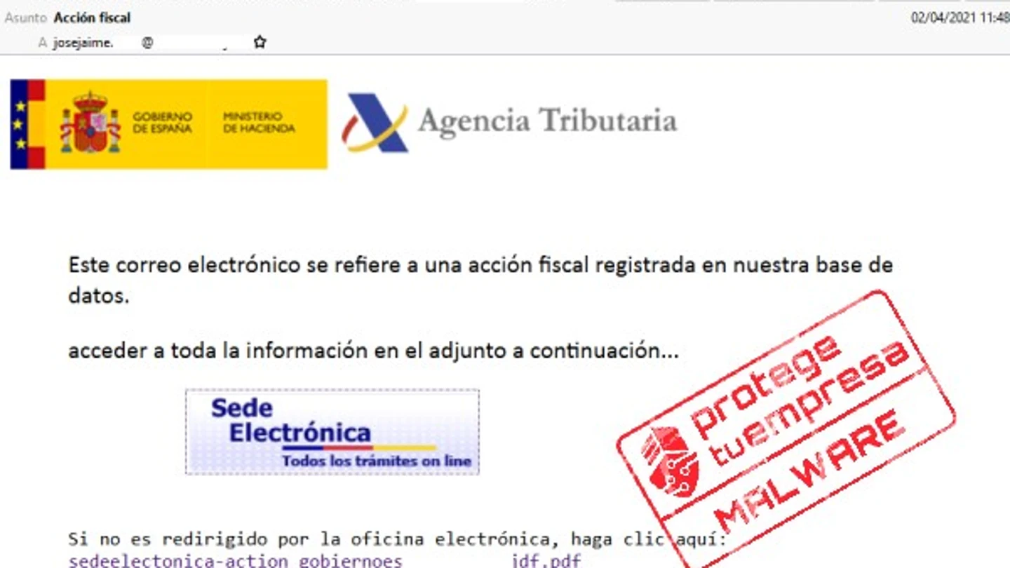 Captura de pantalla del correo electrónico que envía el 'malware' simulando ser la Agencia Tributaria Captura de pantalla del correo electrónico que envía el 'malware' simulando ser la Agencia Tributaria