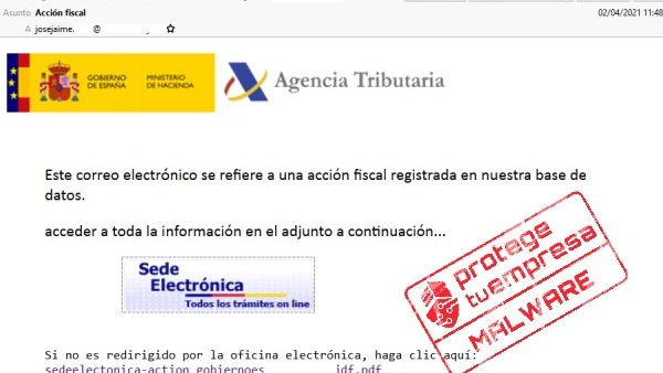 Captura de pantalla del correo electrónico que envía el 'malware' simulando ser la Agencia Tributaria