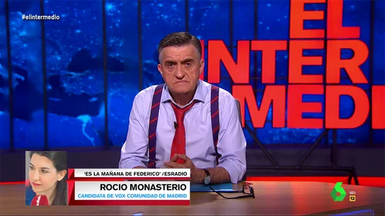 La reacción de Wyoming al escuchar a Rocío Monasterio afirmar que los políticos de Vox fueron "lapidados" en Vallecas La reacción de Wyoming al escuchar a Rocío Monasterio afirmar que los políticos de Vox fueron "lapidados" en Vallecas