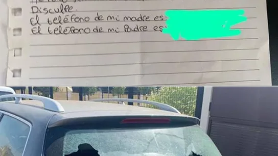 Nota dejada por el pequeño e imagen del coche Nota dejada por el pequeño e imagen del coche