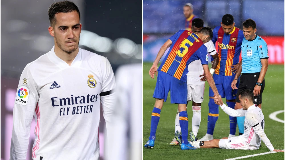 Lucas Vázquez cayó lesionado en una acción con Busquets en el Clásico