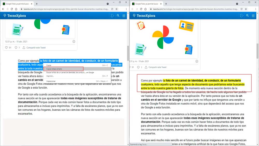 Envía textos resaltado a través de enlaces web