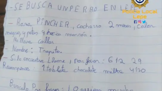 Atención, se busca: la tierna nota de un niño de Lepe que ofrece chocolate para recuperar a 'Trapito' Atención, se busca: la tierna nota de un niño de Lepe que ofrece chocolate para recuperar a 'Trapito'