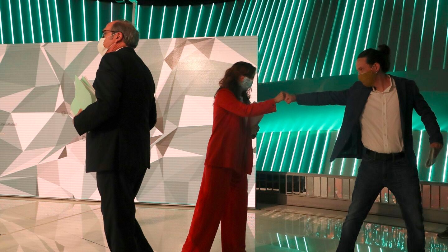 En la imagen, &Aacute;ngel Gabilondo, M&oacute;nica Garc&iacute;a y Pablo Iglesias
