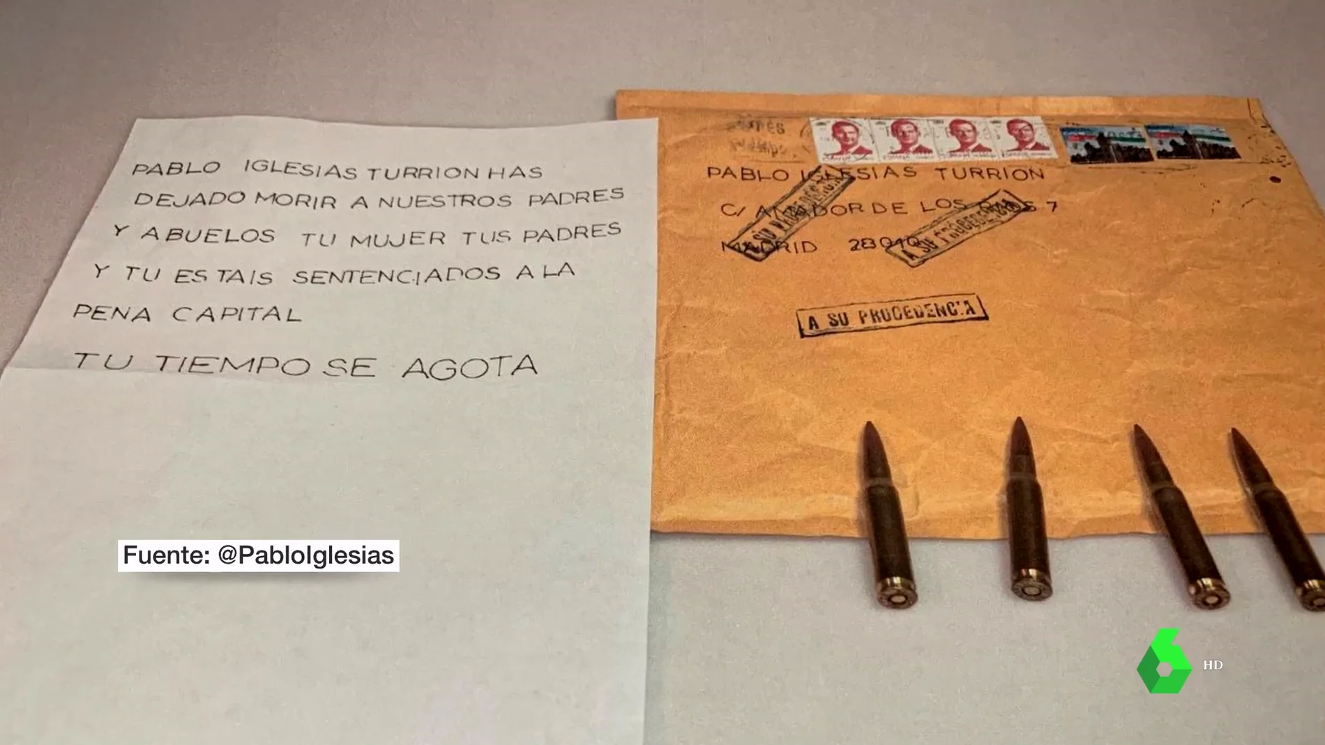 Imagen de la carta enviada a Iglesias con balas