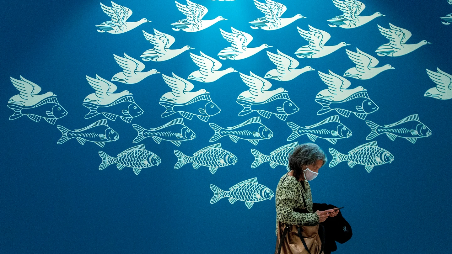 Una mujer pasa delante de una obra gráfica de aves volando Una mujer pasa delante de una obra gráfica de aves volando