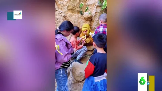 Dar de comer plátanos al Rey Mono atrapado en la montaña: la curiosa atracción de un parque temático en China Dar de comer plátanos al Rey Mono atrapado en la montaña: la curiosa atracción de un parque temático en China