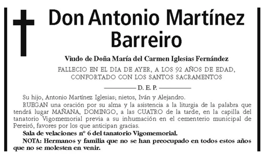 Esquela de Antonio Martínez Barreiro Esquela de Antonio Martínez Barreiro