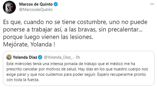 Tuit de Marcos de Quinto sobre Yolanda Díaz y su ausencia por "motivos de salud" Tuit de Marcos de Quinto sobre Yolanda Díaz y su ausencia por "motivos de salud"