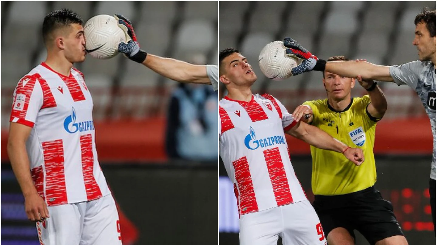 Nikola Krstovic, delantero del Estrella Roja, y Vladimir Stojkovic, meta del Partizan Nikola Krstovic, delantero del Estrella Roja, y Vladimir Stojkovic, meta del Partizan