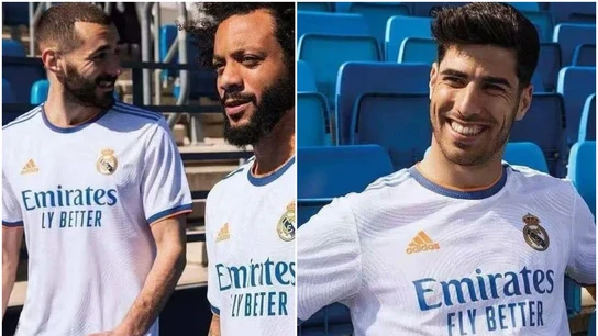 Benzema, Marcelo y Asensio, con la camiseta del Real Madrid 2021-22 Benzema, Marcelo y Asensio, con la camiseta del Real Madrid 2021-22