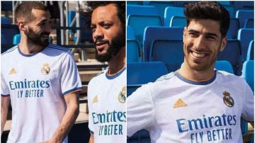 Benzema, Marcelo y Asensio, con la camiseta del Real Madrid 2021-22