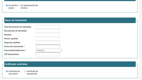 Solicitud para obtener el certificado COVID Certificado COVID