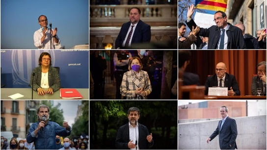 De izquierda a derecha: Turull, Junqueras, Rull; Bassa, Forcadell, Romeva; Cuixart, Sánchez, Forn De izquierda a derecha: Turull, Junqueras, Rull; Bassa, Forcadell, Romeva; Cuixart, Sánchez, Forn