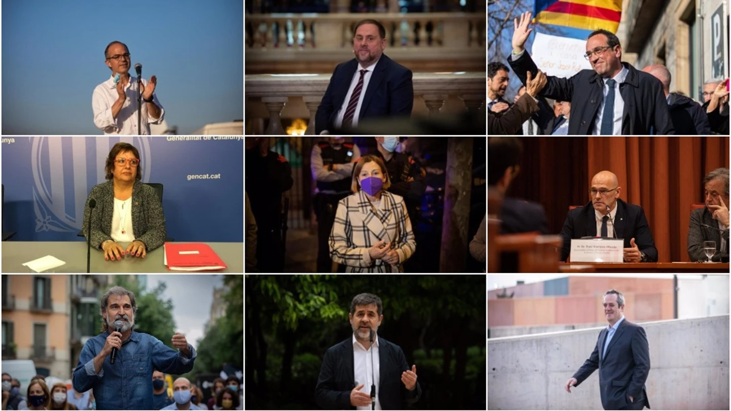 De izquierda a derecha: Turull, Junqueras, Rull; Bassa, Forcadell, Romeva; Cuixart, Sánchez, Forn De izquierda a derecha: Turull, Junqueras, Rull; Bassa, Forcadell, Romeva; Cuixart, Sánchez, Forn
