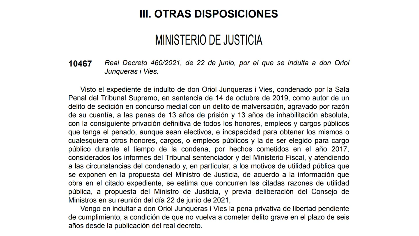 Real Decreto del indulto a Oriol Junqueras Indulto Junqueras