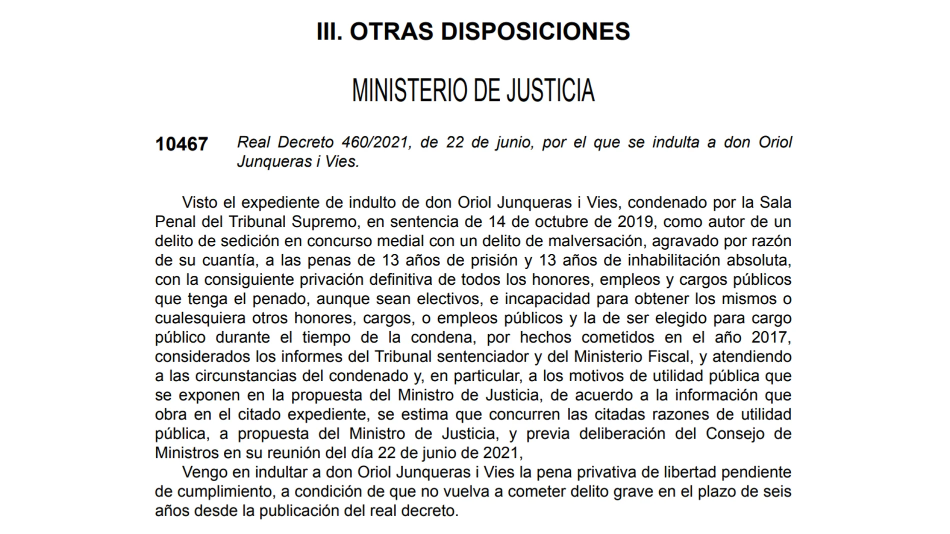 Real Decreto del indulto a Oriol Junqueras