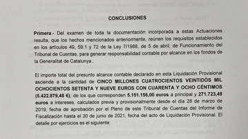 Captura de la liquidación provisional del Tribunal de Cuentas, en la que se marca el importe a pagar por los responsables del Procés