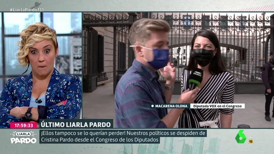 La cara de Cristina pardo ante el mensaje de Macarena Olona (Vox) por su mensaje de despedida en Liarla Pardo La cara de Cristina pardo ante el mensaje de Macarena Olona (Vox) por su mensaje de despedida en Liarla Pardo