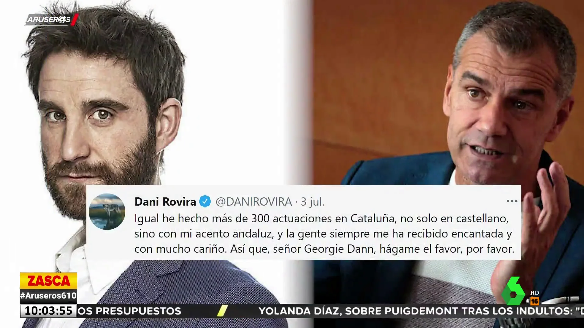 La lección de Dani Rovira a Toni Cantó: "He hecho más de 300 actuaciones en Cataluña con mi acento andaluz"