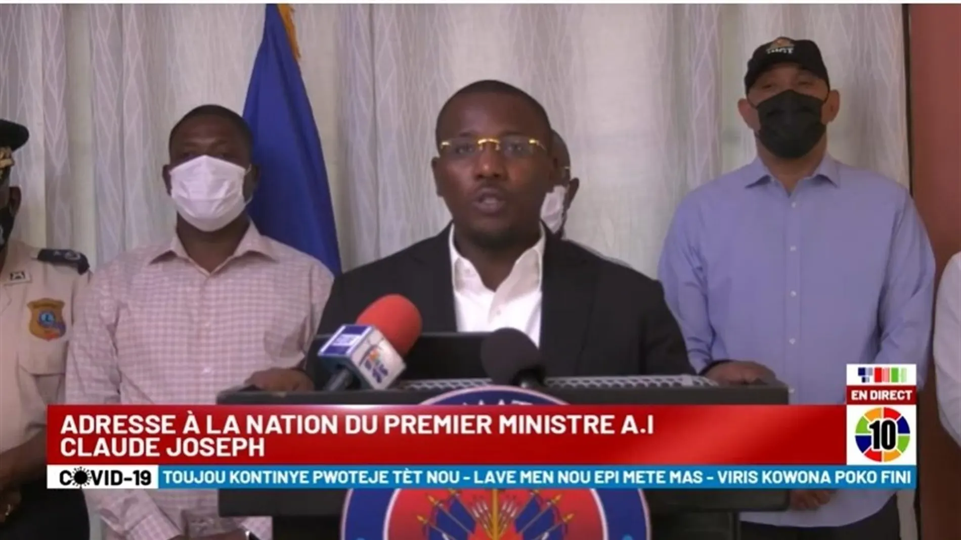 Captura de video tomada de la Televisión Pública de Haití que muestra al primer ministro interino de Haití, Claude Joseph.