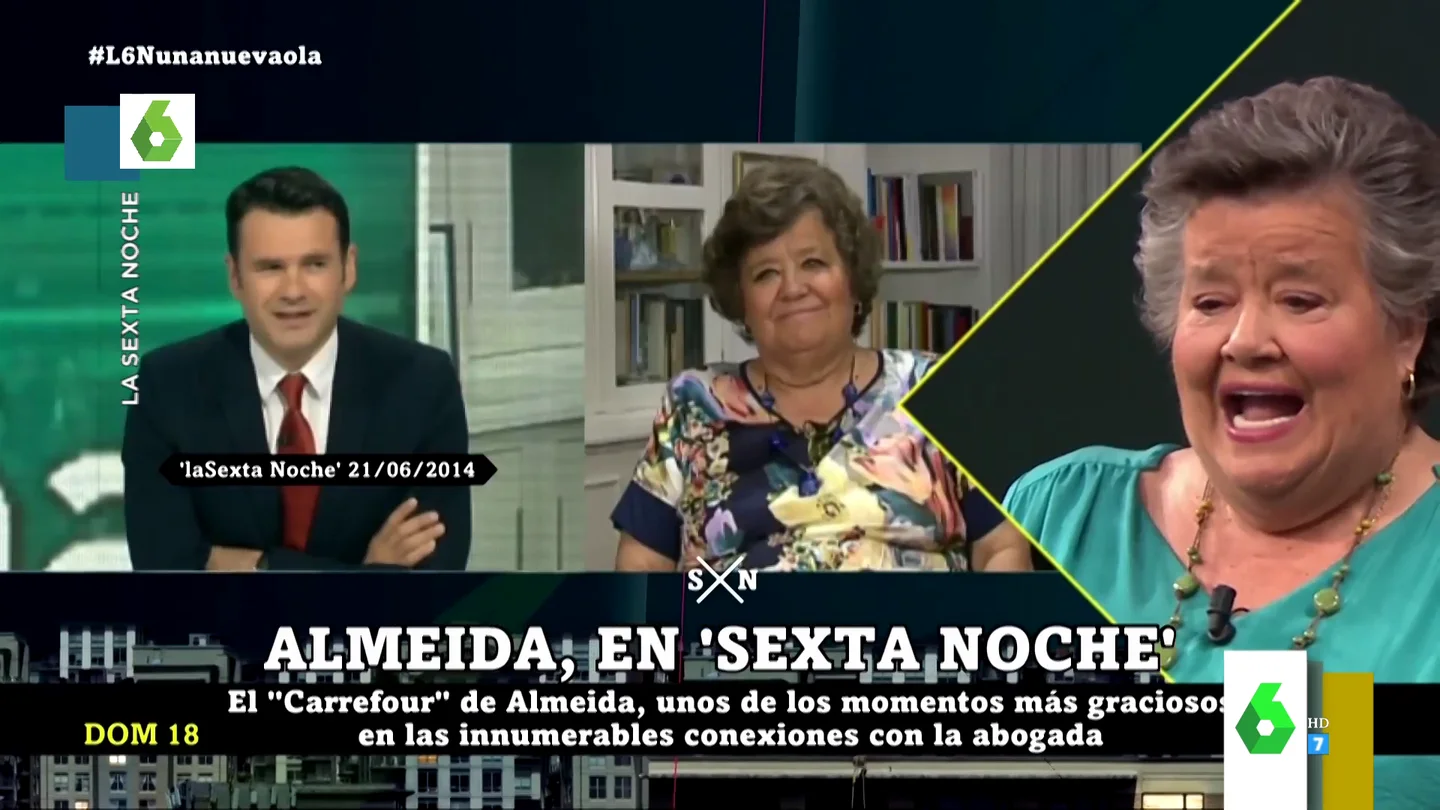 La surrealista respuesta de Cristina Almeida al perder la conexión con laSexta Noche: "Carrefour" La surrealista respuesta de Cristina Almeida al perder la conexión con laSexta Noche: "Carrefour"