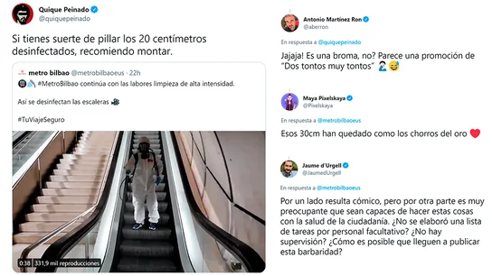 El método del metro de Bilbao para desinfectar escaleras mecánicas que ha enfurecido a Twitter" ¿Es una broma, no?" Metro Bilbao