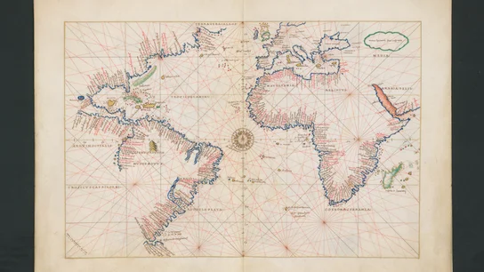 Detalle de uno de los mapas del interior del atlas portulano recuperado. Detalle de uno de los mapas del interior del atlas portulano recuperado.