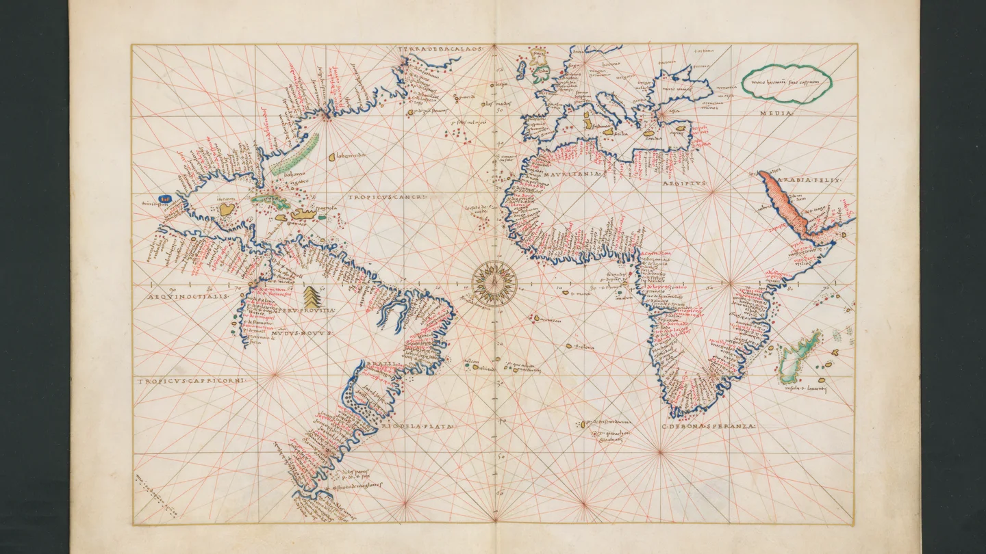 Detalle de uno de los mapas del interior del atlas portulano recuperado. Detalle de uno de los mapas del interior del atlas portulano recuperado.
