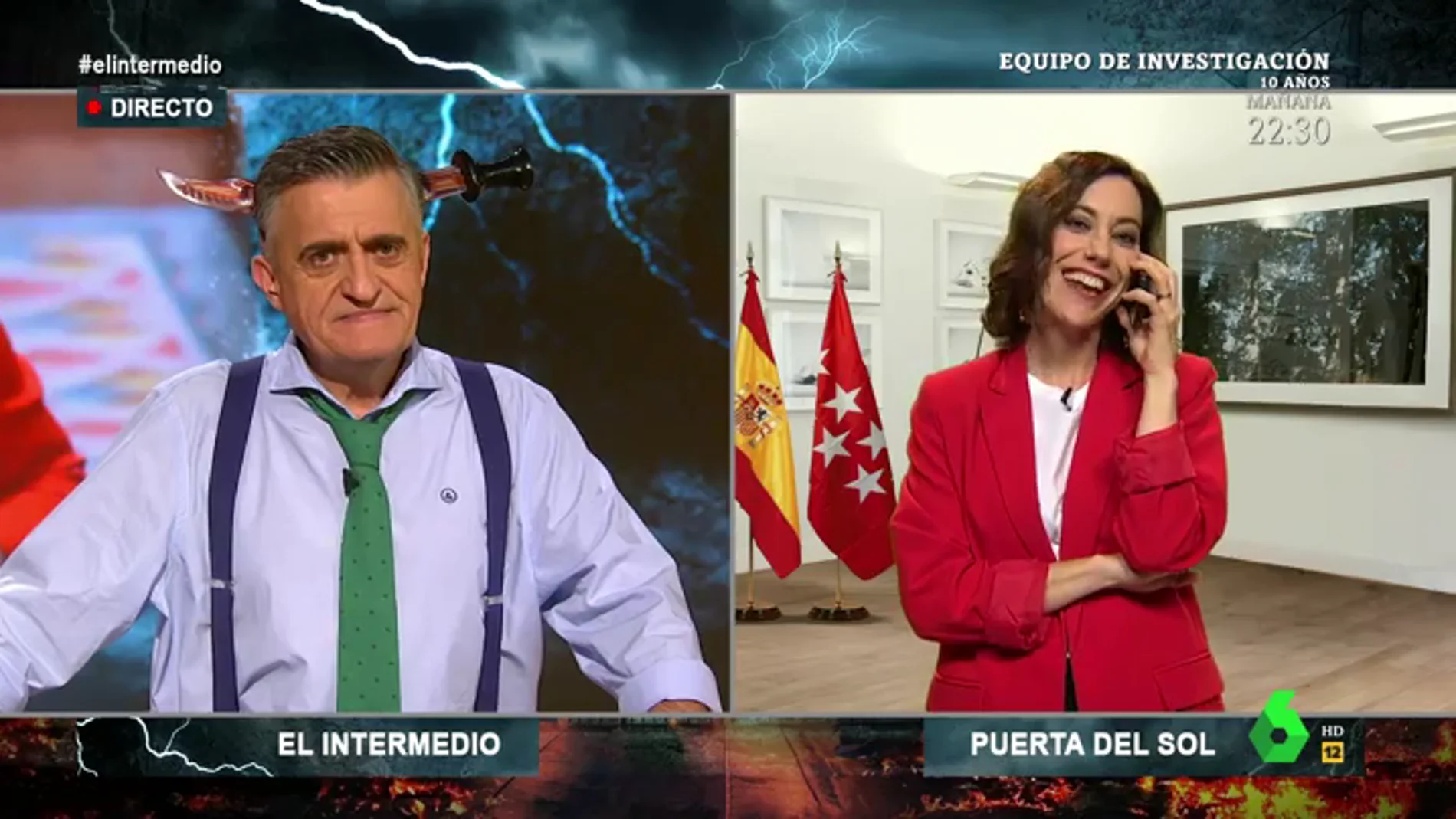 Ayuso 'irrumpe' en directo en El Intermedio para defender su gestión en Madrid: "Menos árboles y más toros"