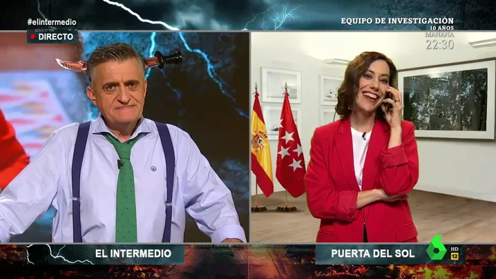 Ayuso 'irrumpe' en directo en El Intermedio para defender su gestión en Madrid: "Menos árboles y más toros"