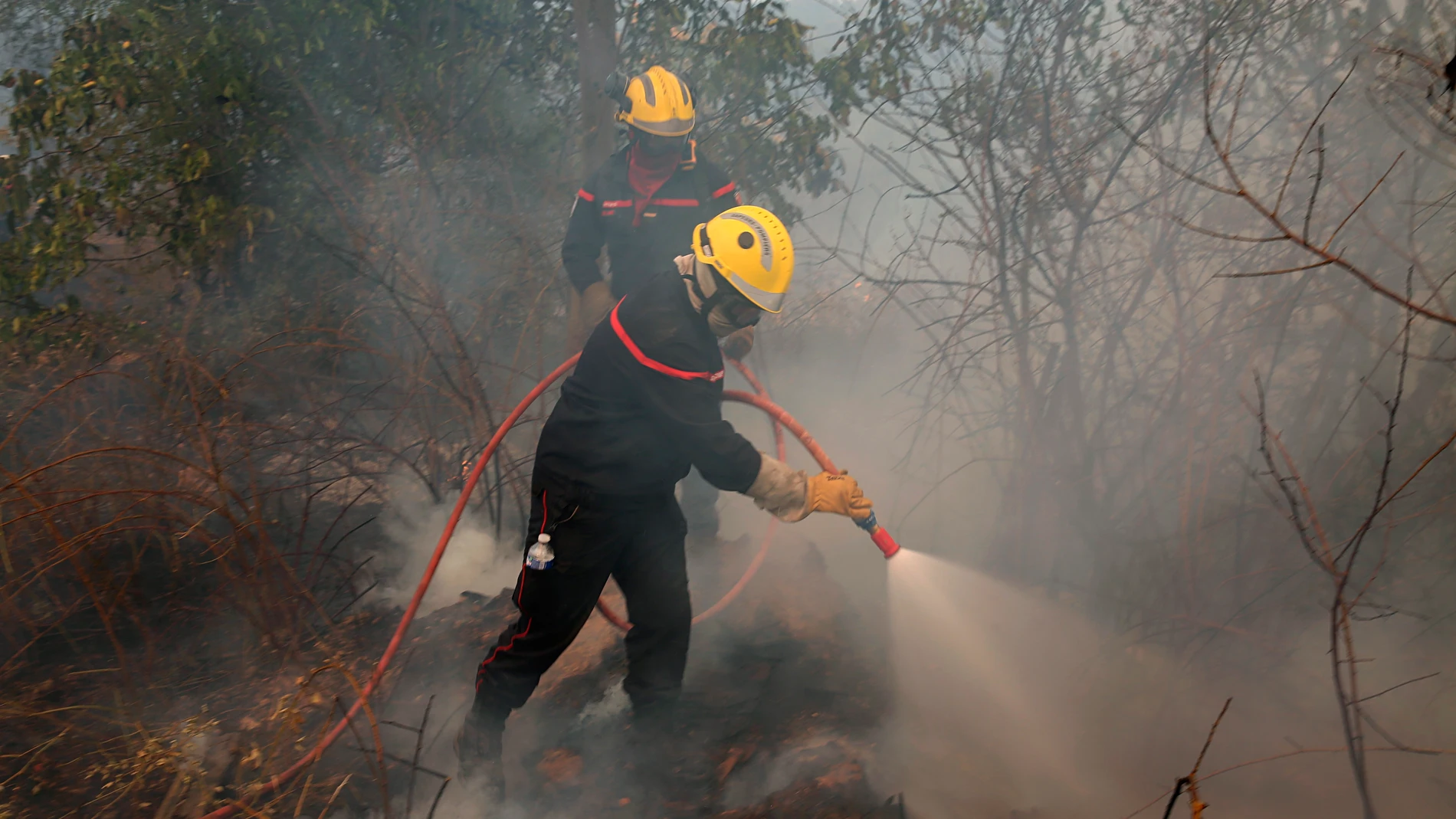 Bomberos franceses trabajan para extinguir el incendio cerca de Atenas (Grecia)